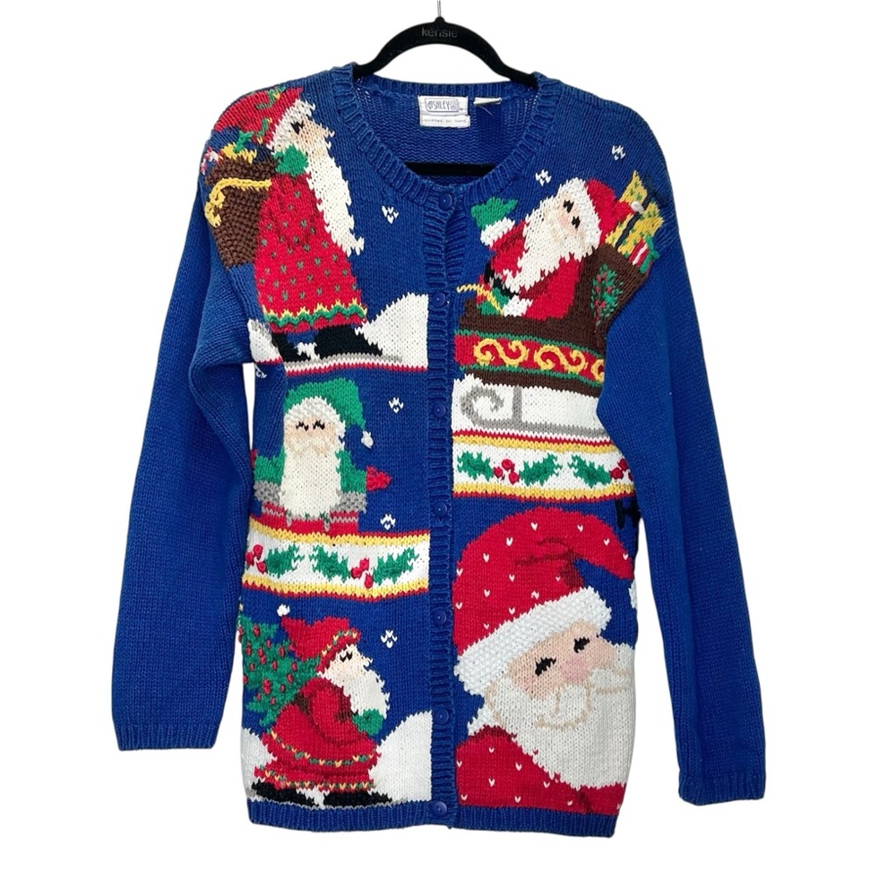Ashley Vintage Christmas Cardigan Size Medium Knitted By Hand Santa Sweater